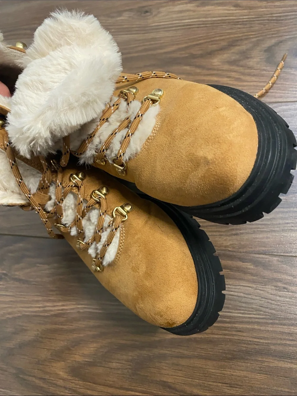 J. Crew Tan Faux-Suede Fold-Over Fur Lace-Up Winter Boots